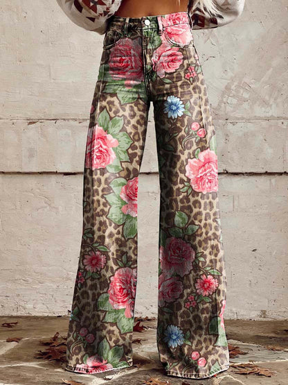 Vintage Floral Print Wide-Leg Pants for Women