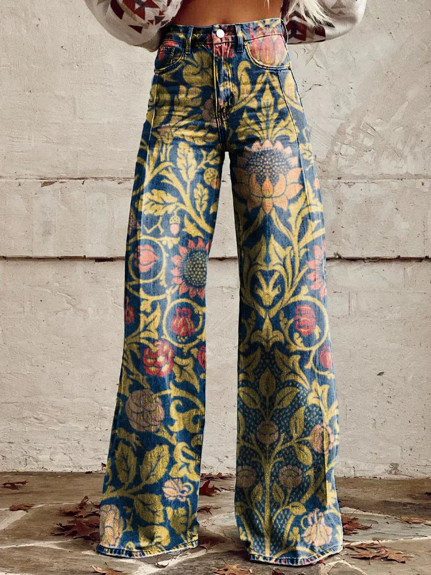 Vintage Floral Print Wide-Leg Pants for Women