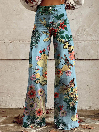 Vintage Floral Print Wide-Leg Pants for Women
