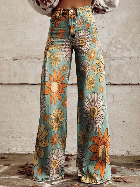Vintage Floral Print Wide-Leg Pants for Women