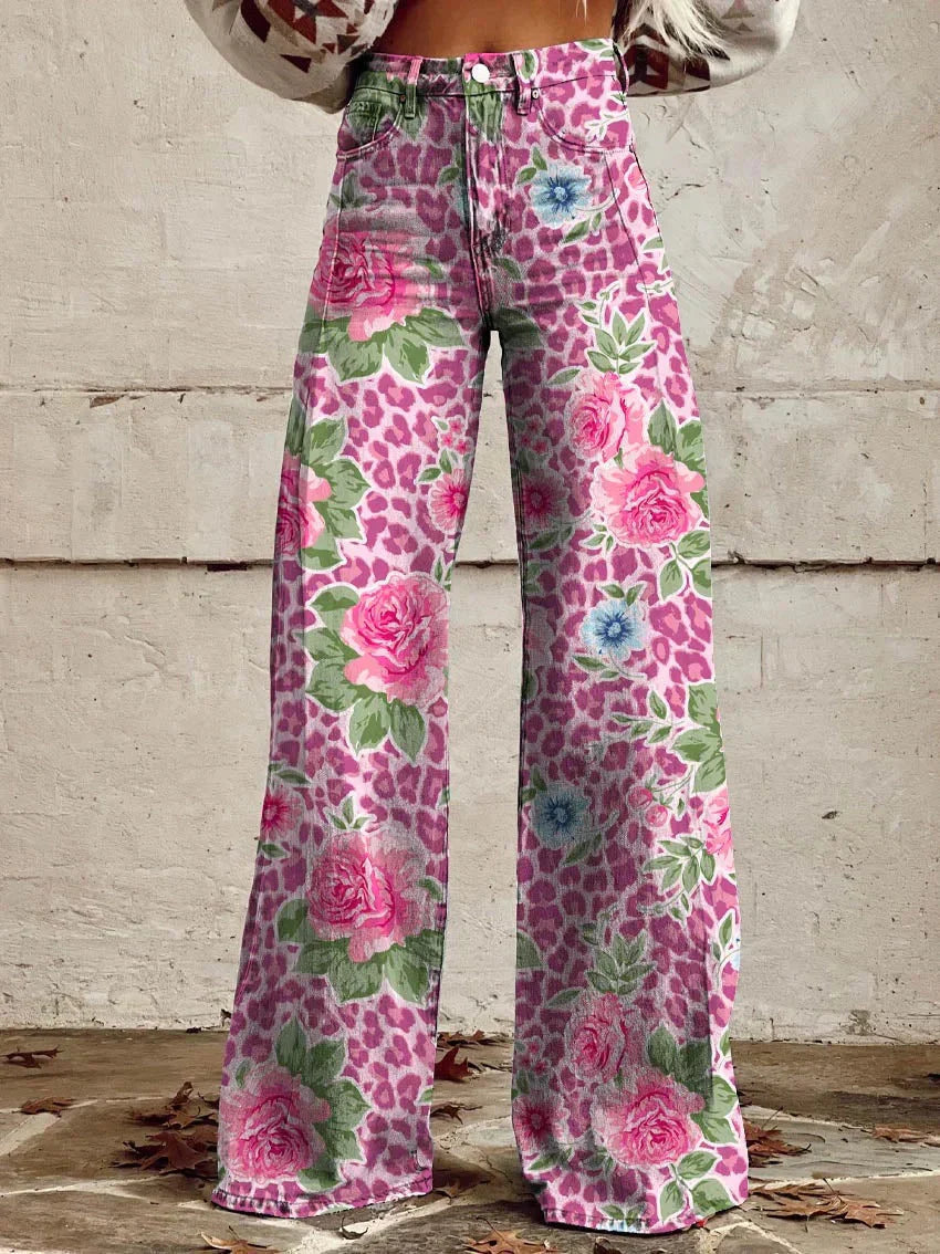 Vintage Floral Print Wide-Leg Pants for Women