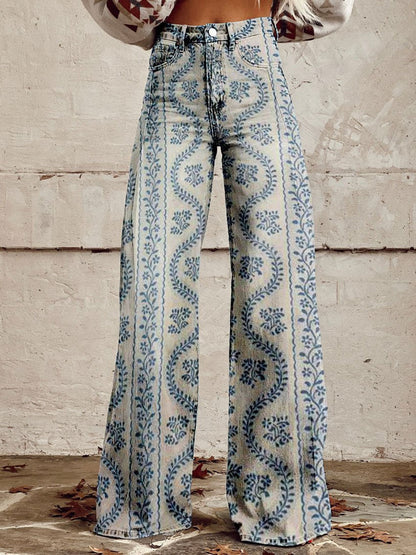 Vintage Floral Print Wide-Leg Pants for Women