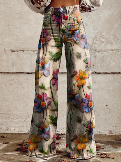 Vintage Floral Print Wide-Leg Pants for Women