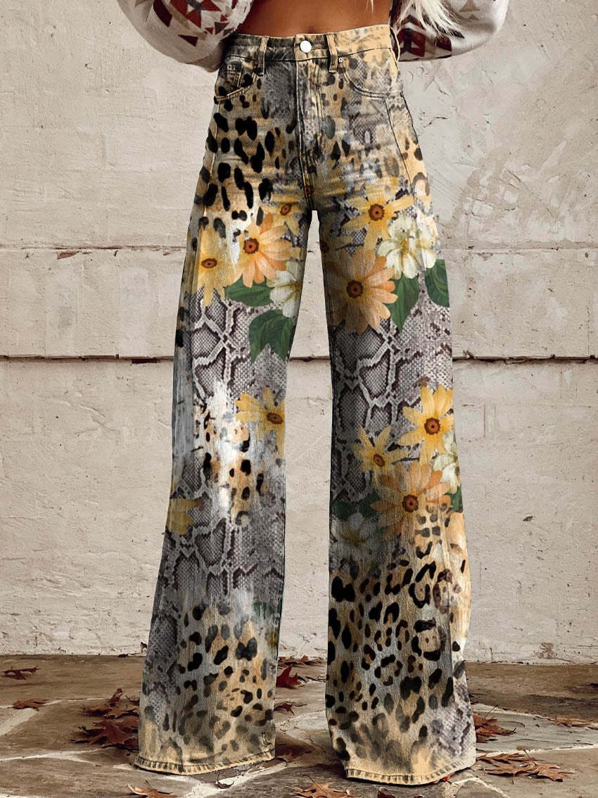 Vintage Floral Print Wide-Leg Pants for Women