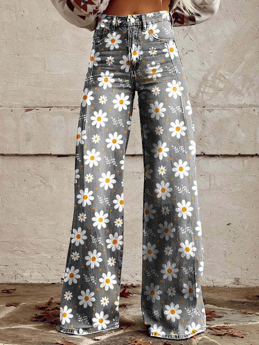 Vintage Floral Print Wide-Leg Pants for Women