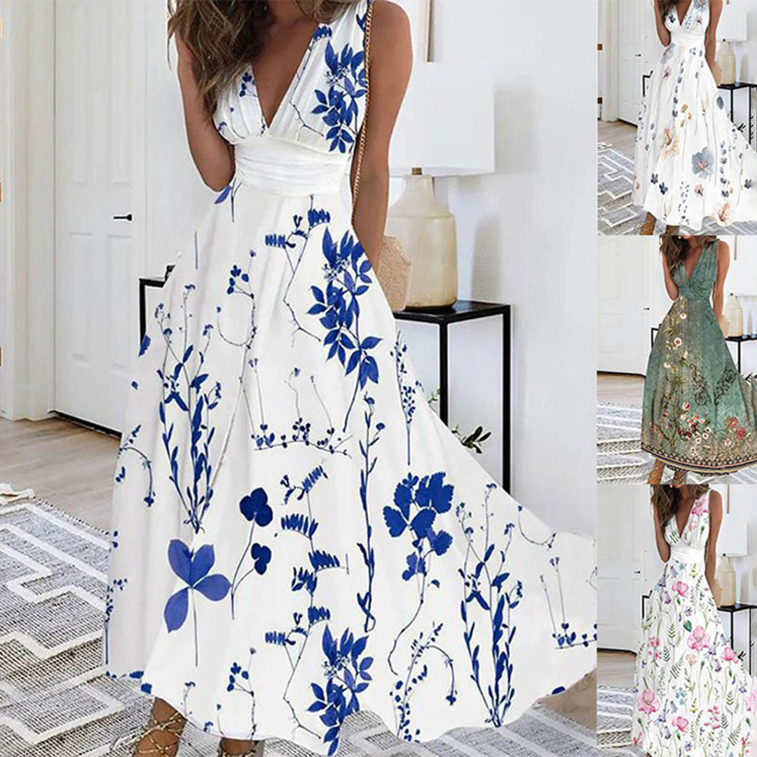 Women's Sleeveless V-Neck Maxi Dress with Beautiful Floral Design