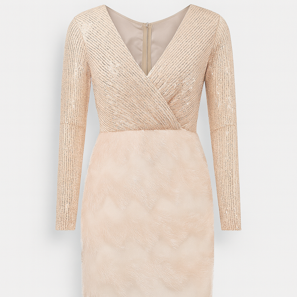 Amara Sequin Feather Evening Maxi Dress Long Sleeves