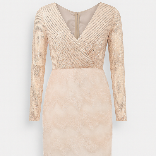 Amara Sequin Feather Evening Maxi Dress Long Sleeves