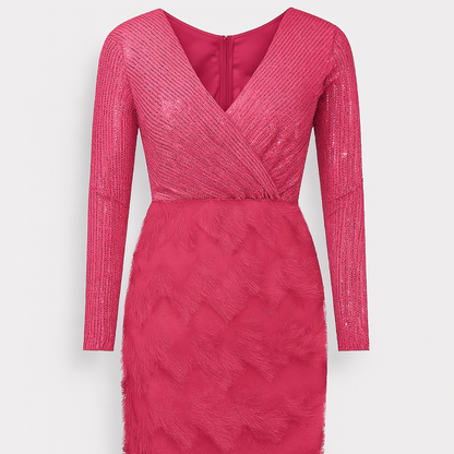 Amara Sequin Feather Evening Maxi Dress Long Sleeves