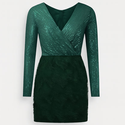 Amara Sequin Feather Evening Maxi Dress Long Sleeves