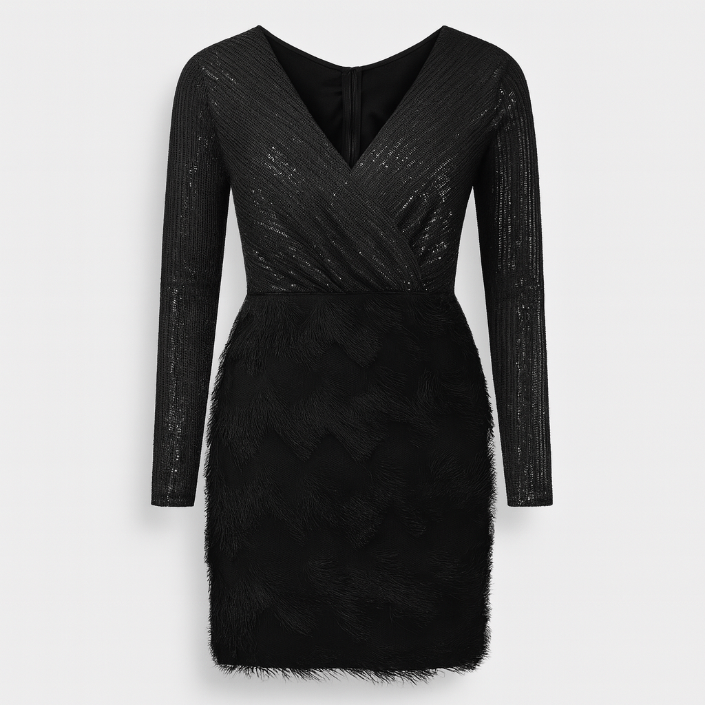 Amara Sequin Feather Evening Maxi Dress Long Sleeves