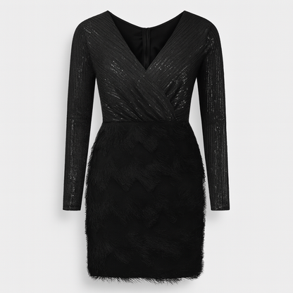 Amara Sequin Feather Evening Maxi Dress Long Sleeves