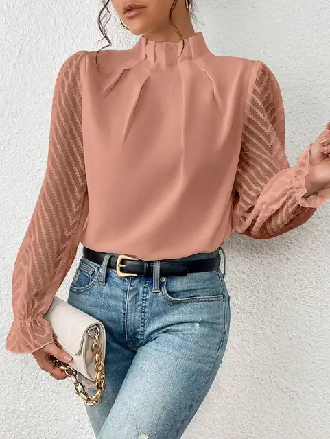 Women’s Elegant High Neck Sheer Sleeve Blouse