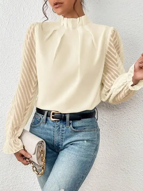 Women’s Elegant High Neck Sheer Sleeve Blouse