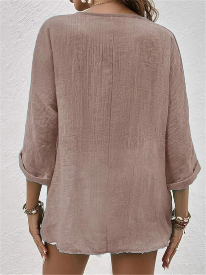 Women's Casual V-Neck Button-Front Top with 3/4 Sleeves