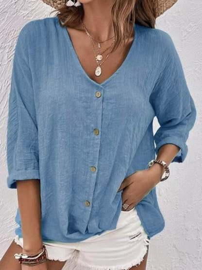 Women's Casual V-Neck Button-Front Top with 3/4 Sleeves