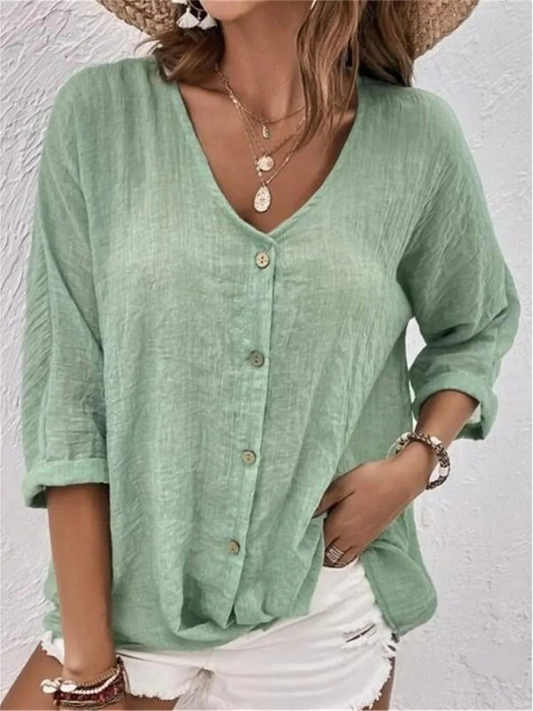 Women's Casual V-Neck Button-Front Top with 3/4 Sleeves