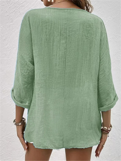 Women's Casual V-Neck Button-Front Top with 3/4 Sleeves