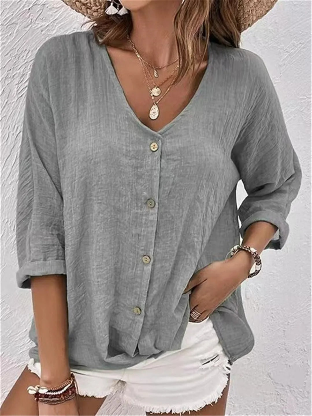 Women's Casual V-Neck Button-Front Top with 3/4 Sleeves