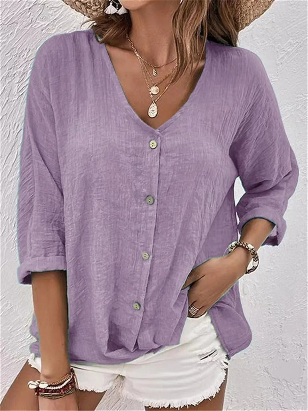 Women's Casual V-Neck Button-Front Top with 3/4 Sleeves