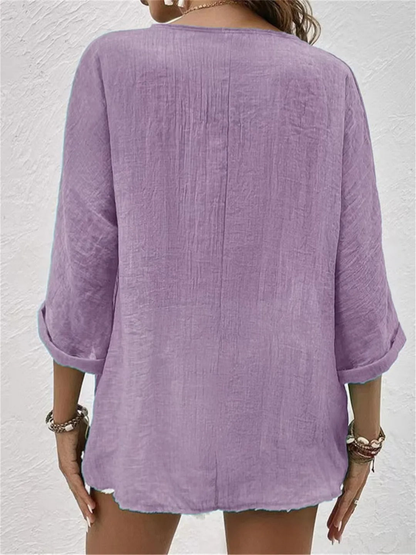 Women's Casual V-Neck Button-Front Top with 3/4 Sleeves