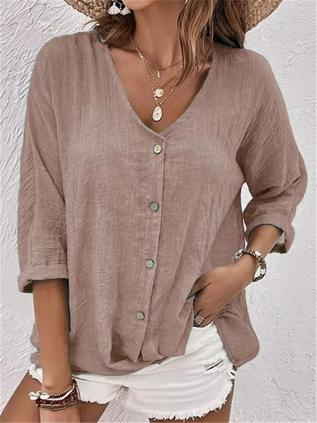 Women's Casual V-Neck Button-Front Top with 3/4 Sleeves