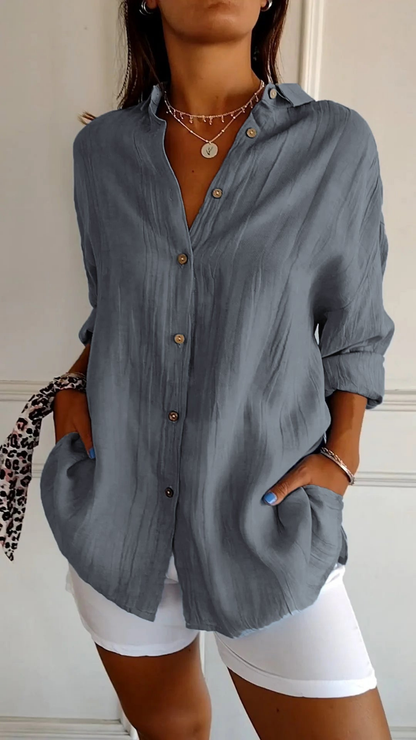 Women's Relaxed Button-Up Shirt with Long Sleeves and Oversized Fit