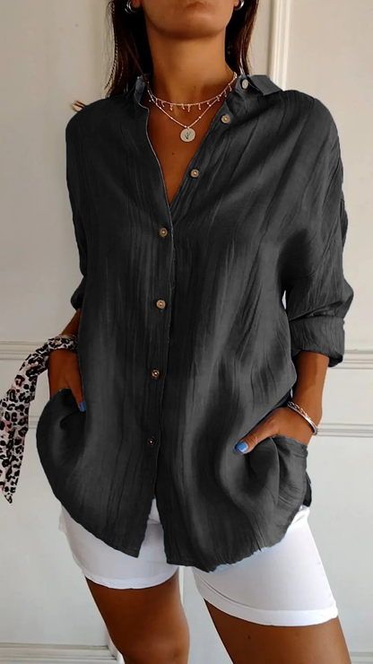 Women's Relaxed Button-Up Shirt with Long Sleeves and Oversized Fit