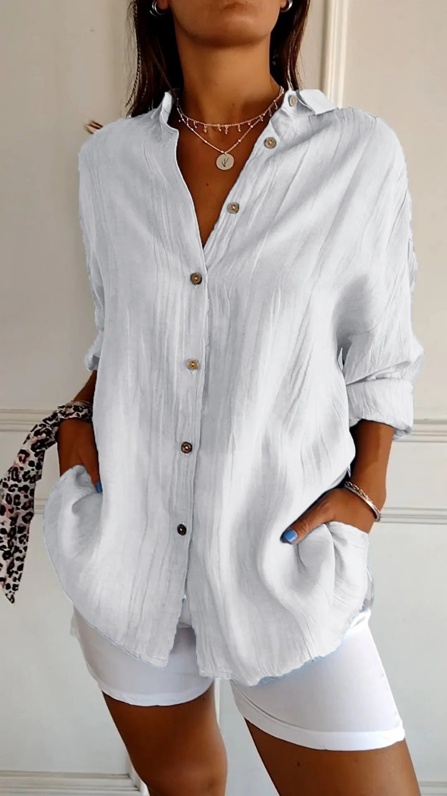 Women's Relaxed Button-Up Shirt with Long Sleeves and Oversized Fit