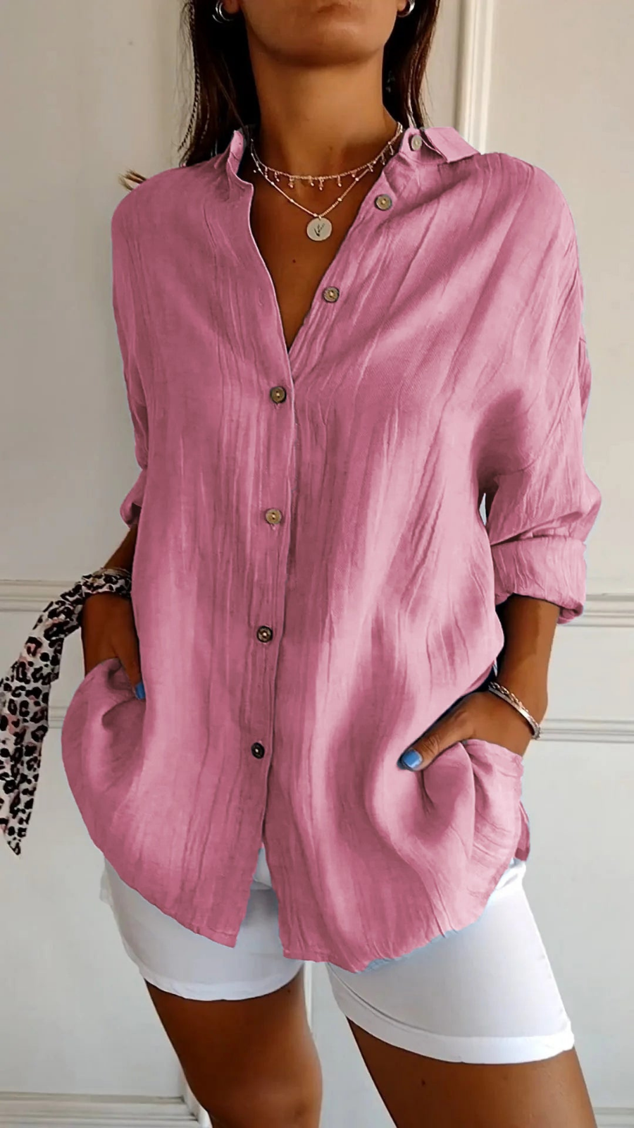 Women's Relaxed Button-Up Shirt with Long Sleeves and Oversized Fit