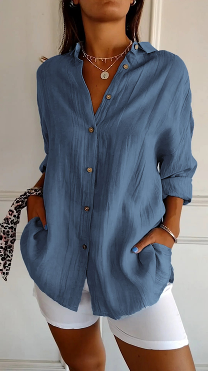 Women's Relaxed Button-Up Shirt with Long Sleeves and Oversized Fit