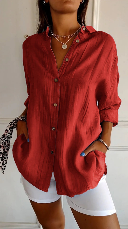 Women's Relaxed Button-Up Shirt with Long Sleeves and Oversized Fit