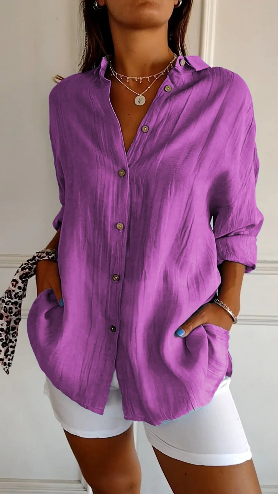 Women's Relaxed Button-Up Shirt with Long Sleeves and Oversized Fit