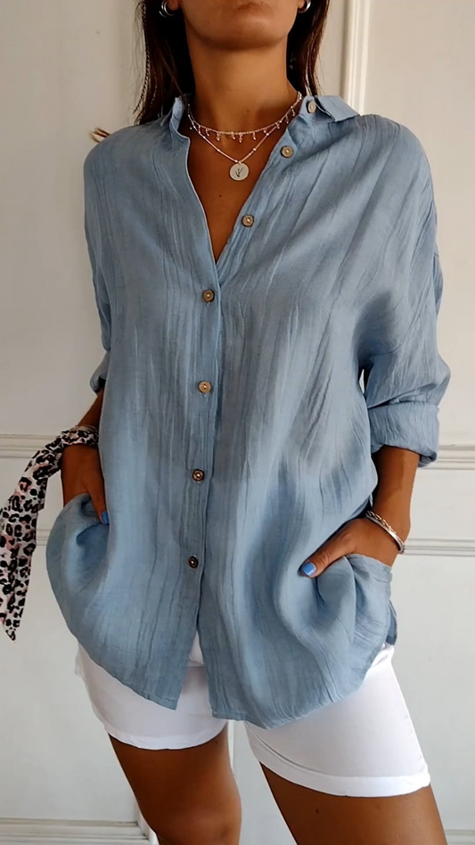 Women's Relaxed Button-Up Shirt with Long Sleeves and Oversized Fit