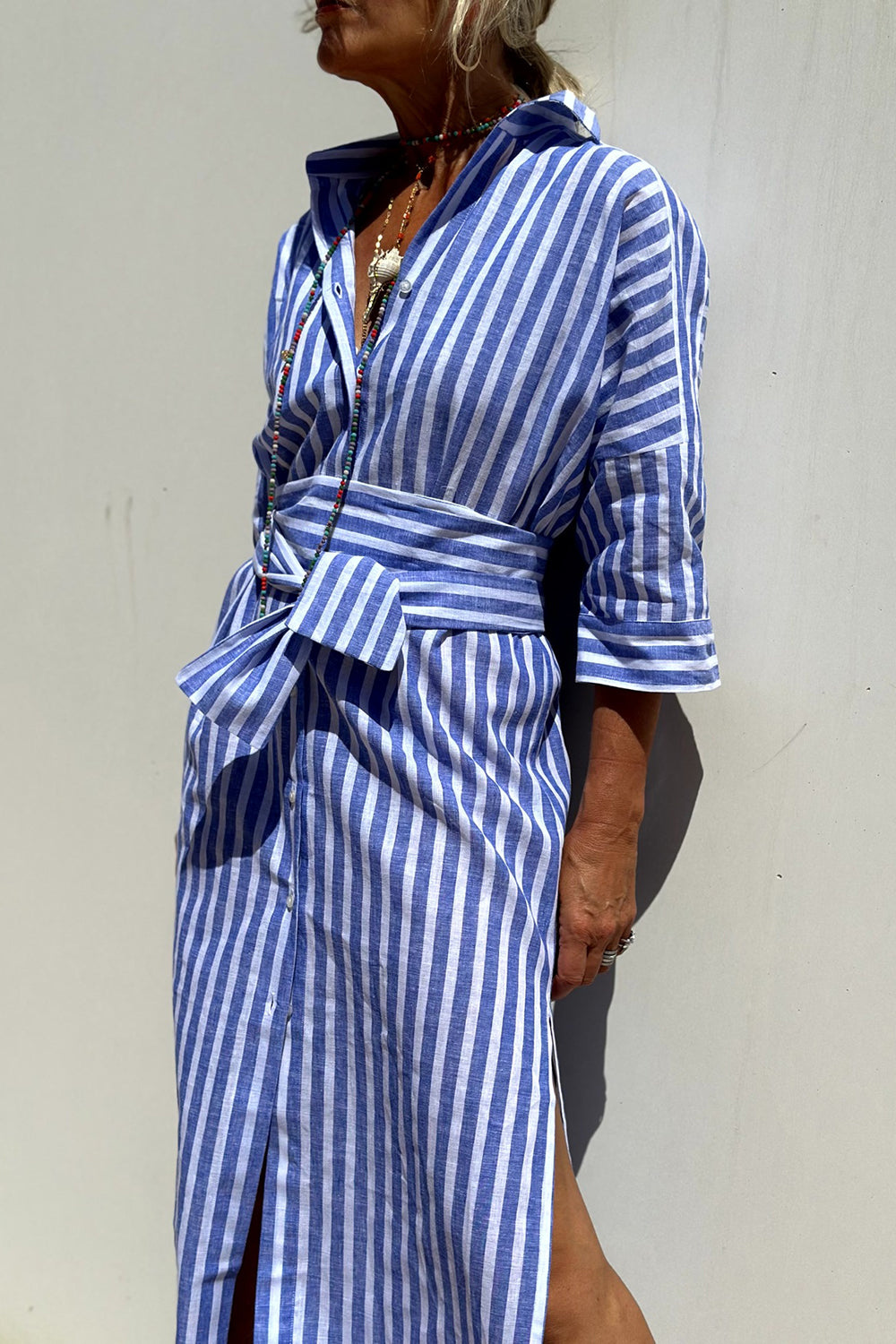 Women's Striped Collared Button-Down Oversized Midi Dress