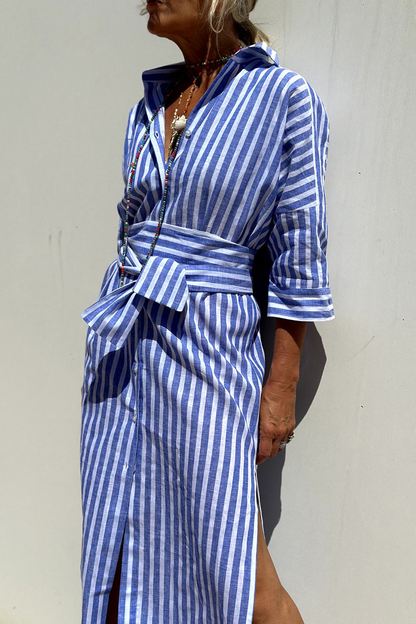 Women's Striped Collared Button-Down Oversized Midi Dress