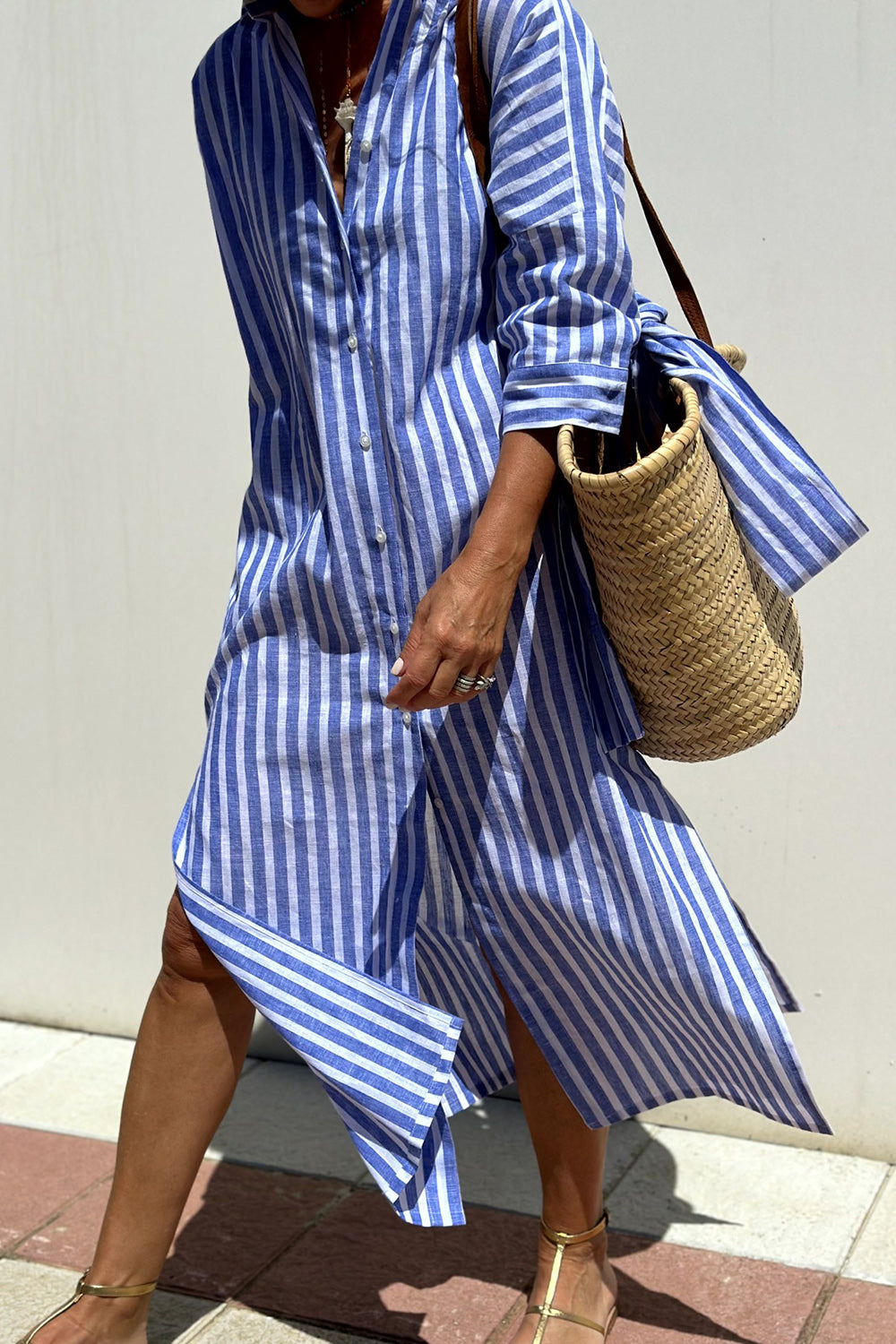 Women's Striped Collared Button-Down Oversized Midi Dress