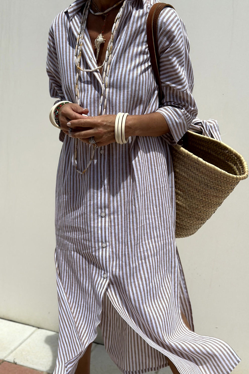Women's Striped Collared Button-Down Oversized Midi Dress