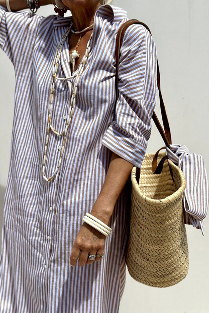 Women's Striped Collared Button-Down Oversized Midi Dress