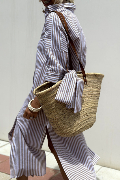 Women's Striped Collared Button-Down Oversized Midi Dress