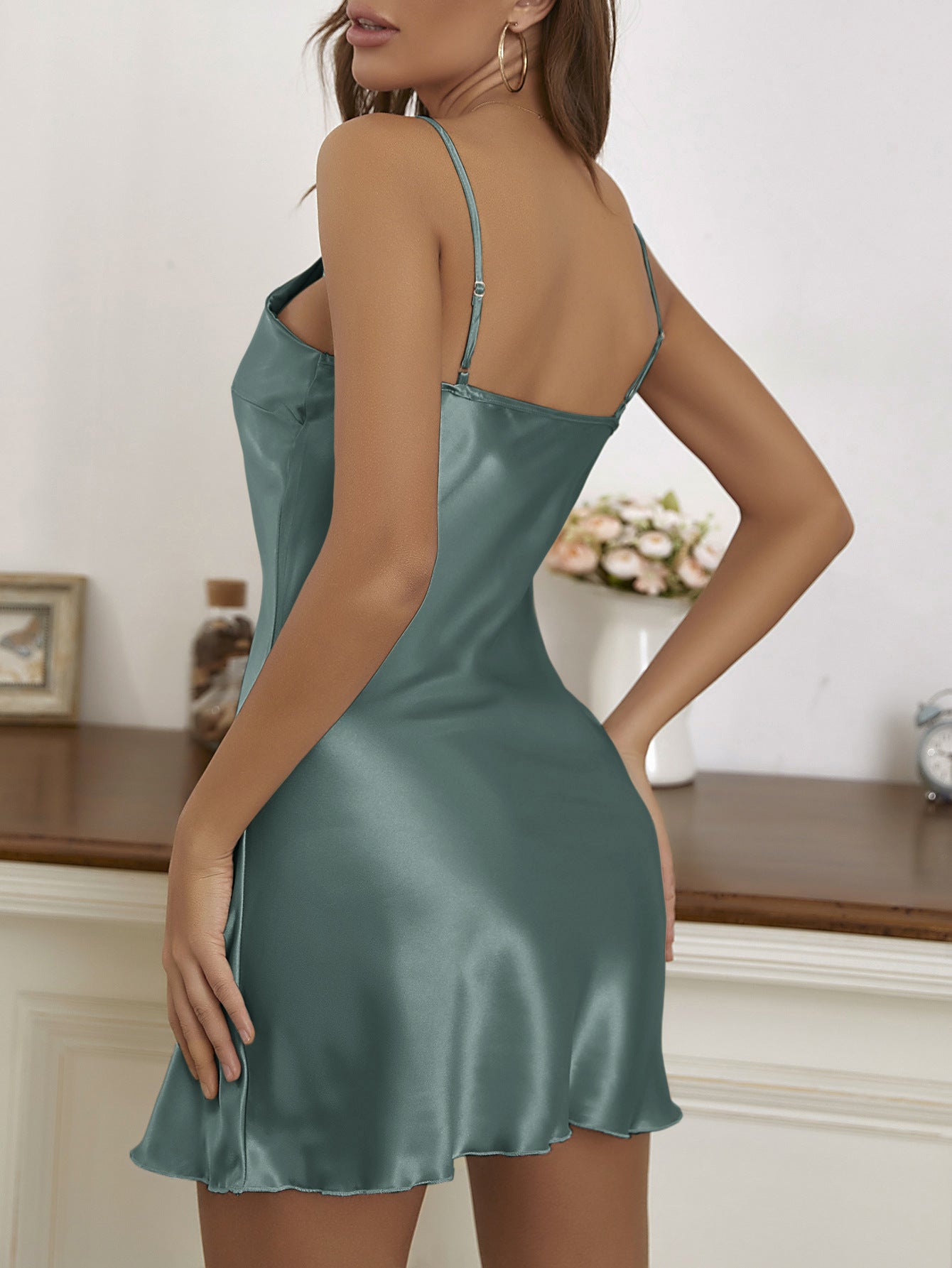 Adele Satin Mini Dress with Lace V-Neckline for Women