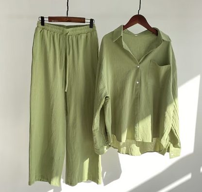 Relaxed Button-Down Shirt & Wide-Leg Pants Co-Ord Set