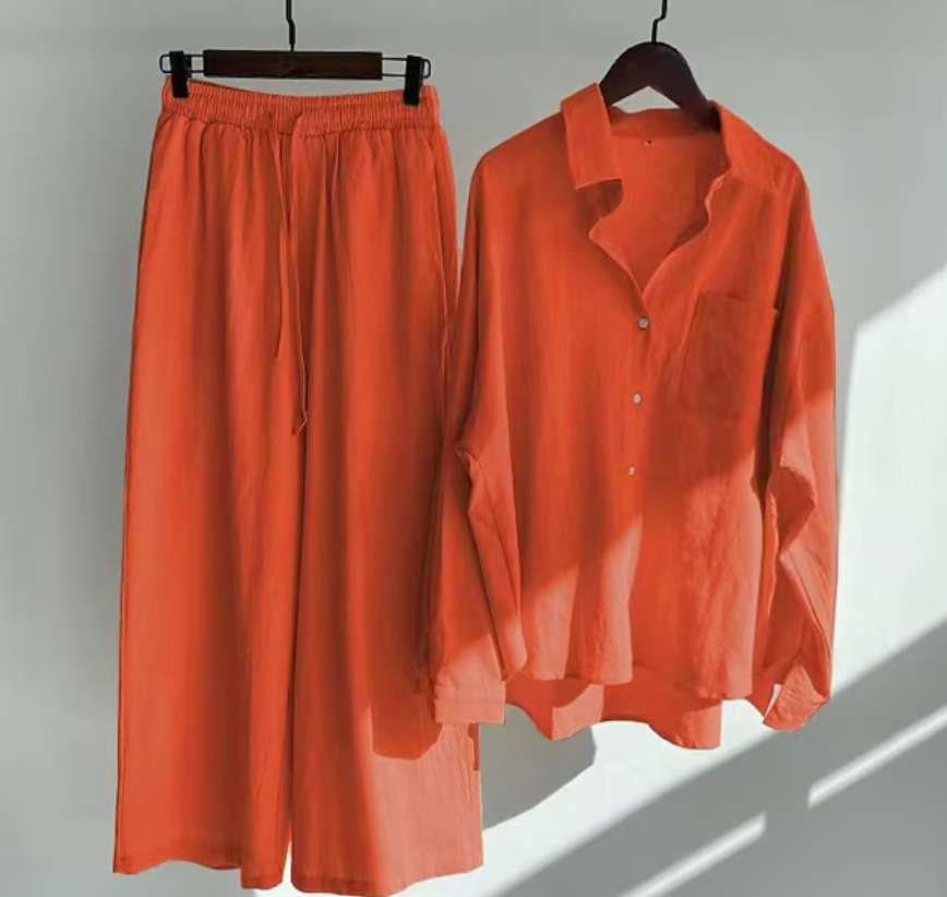 Relaxed Button-Down Shirt & Wide-Leg Pants Co-Ord Set