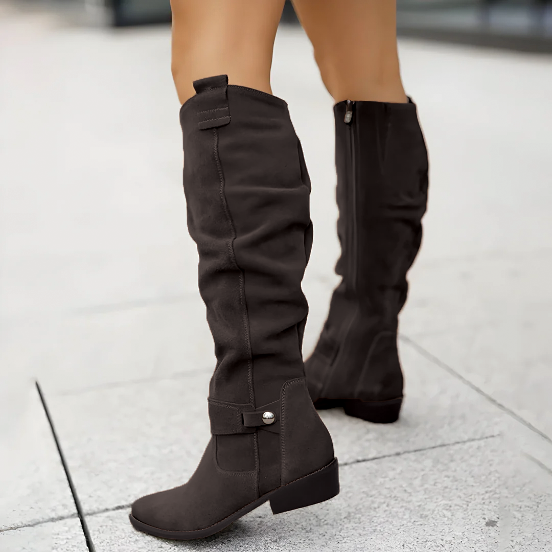 Women’s Knee High Boots with Low Block Heel and Relaxed Fit