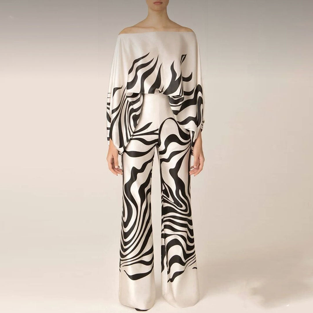 One-Shoulder Printed Co-Ord Set with Wide-Leg Pants