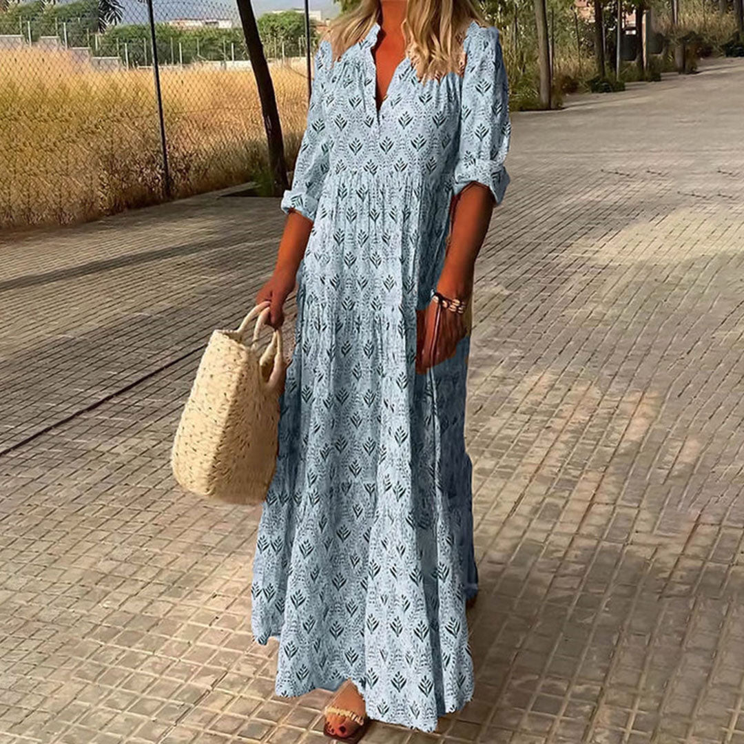 Women's Relaxed V-Neck All-Over Boho Print Maxi Dress