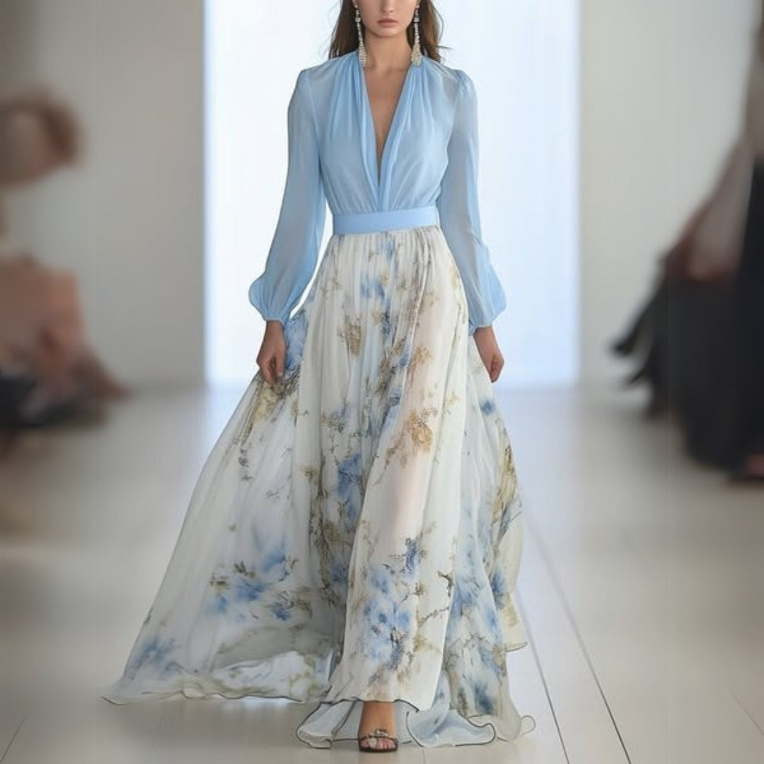Women’s Floral Print Maxi Dress with Deep V-Neck and Empire Waist