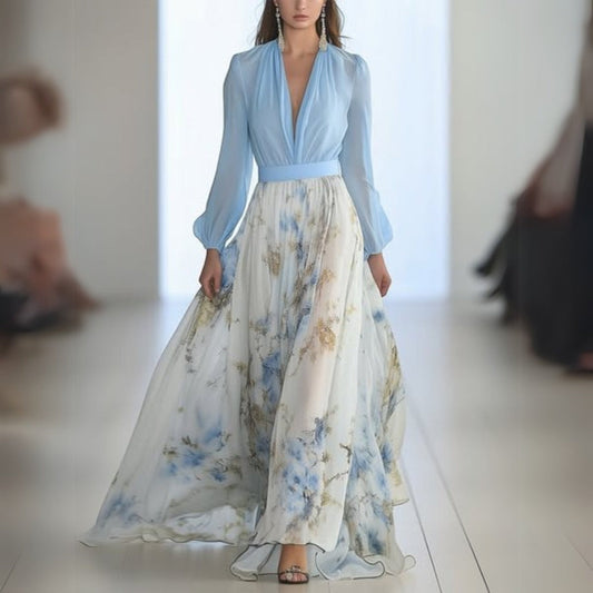 Women’s Floral Print Maxi Dress with Deep V-Neck and Empire Waist