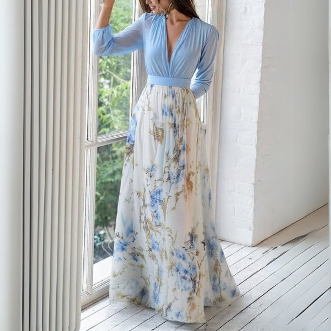 Women’s Floral Print Maxi Dress with Deep V-Neck and Empire Waist