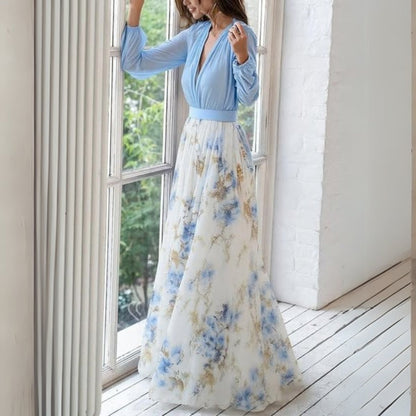 Women’s Floral Print Maxi Dress with Deep V-Neck and Empire Waist